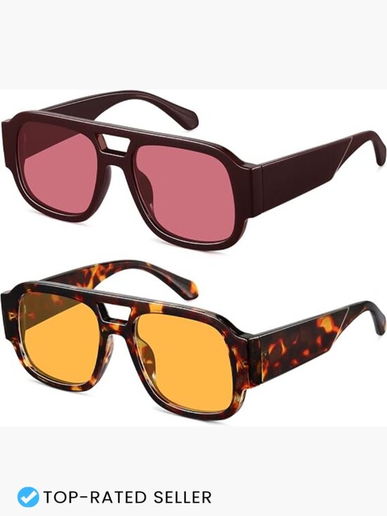 Square Aviator Sunglasses Retro 70s Chunky Double Bridge Flat Top Y2K Shades main image 6